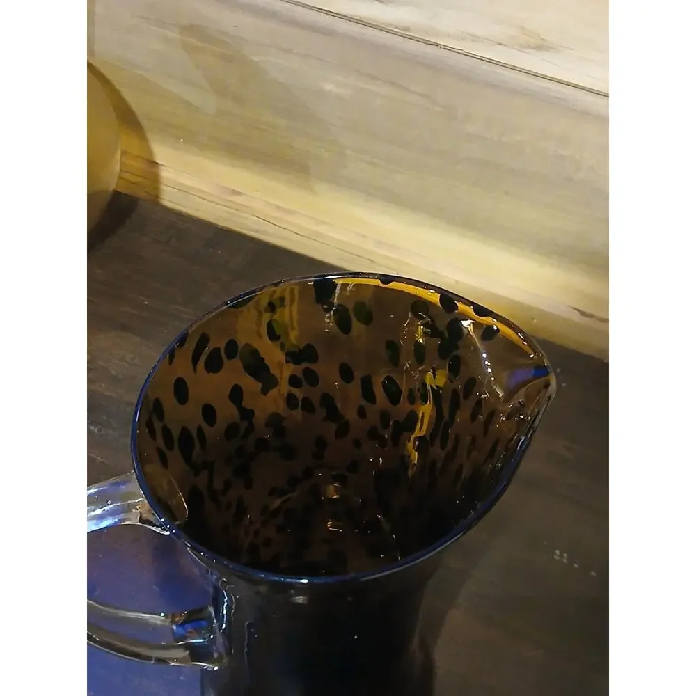 Vintage Blown Glass Leopard Print Pitcher Amber Brown Clear Handle - Small Chips